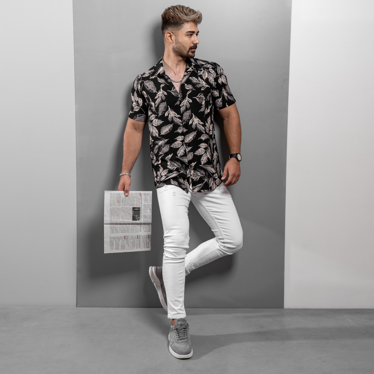 پیراهن هاوایی مردانه مشکی مدل Tinkal-