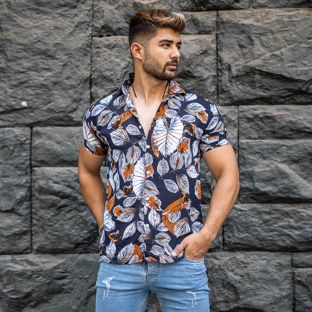 پیراهن هاوایی مردانه سرمه ای مدل Dena
