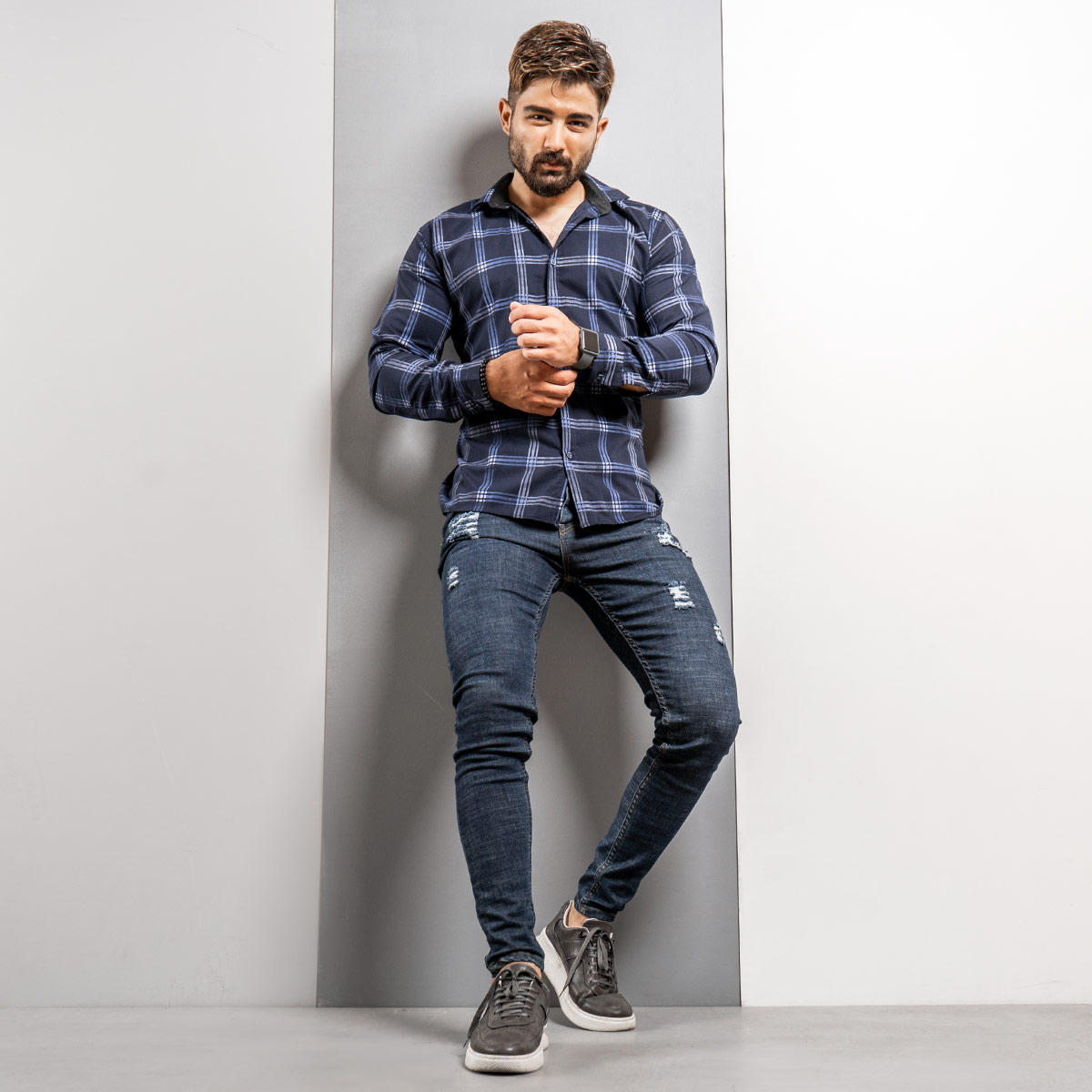 پیراهن چهارخونه(T) سرمه‌ای مردانه مدل Siyam