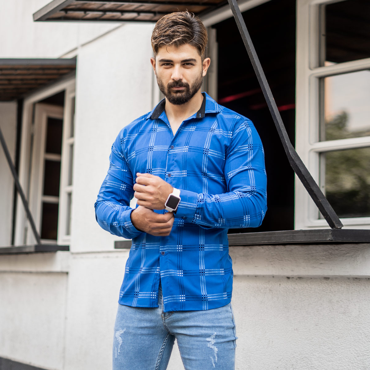 پیراهن چهار خونه آبی روشن مردانه مدل Siyam