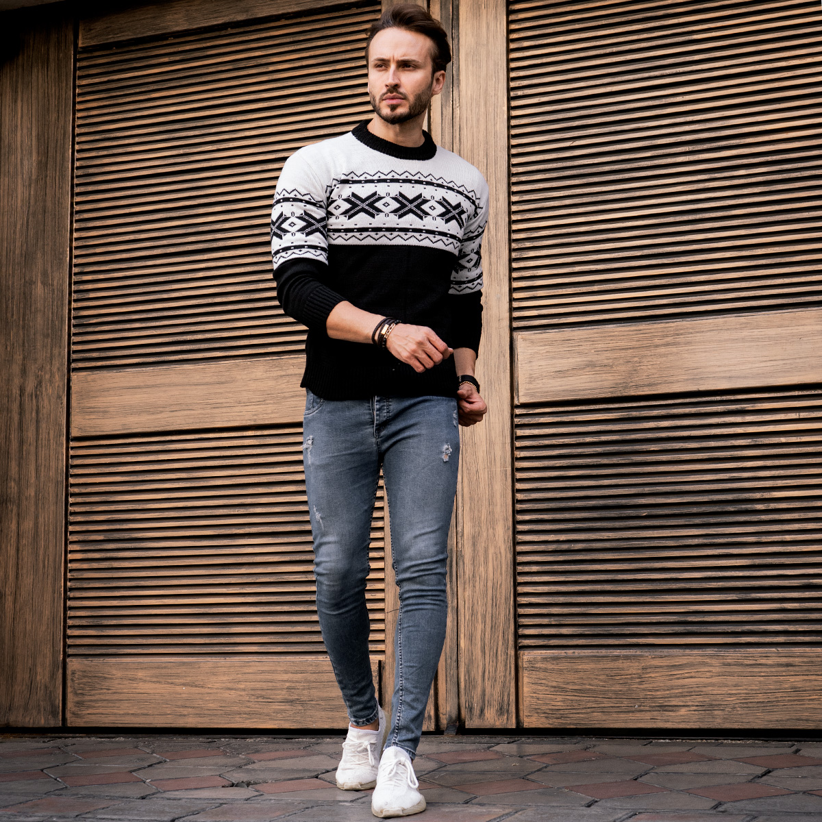 پلیور بافت مردانه سفید مشکی مدل Borna